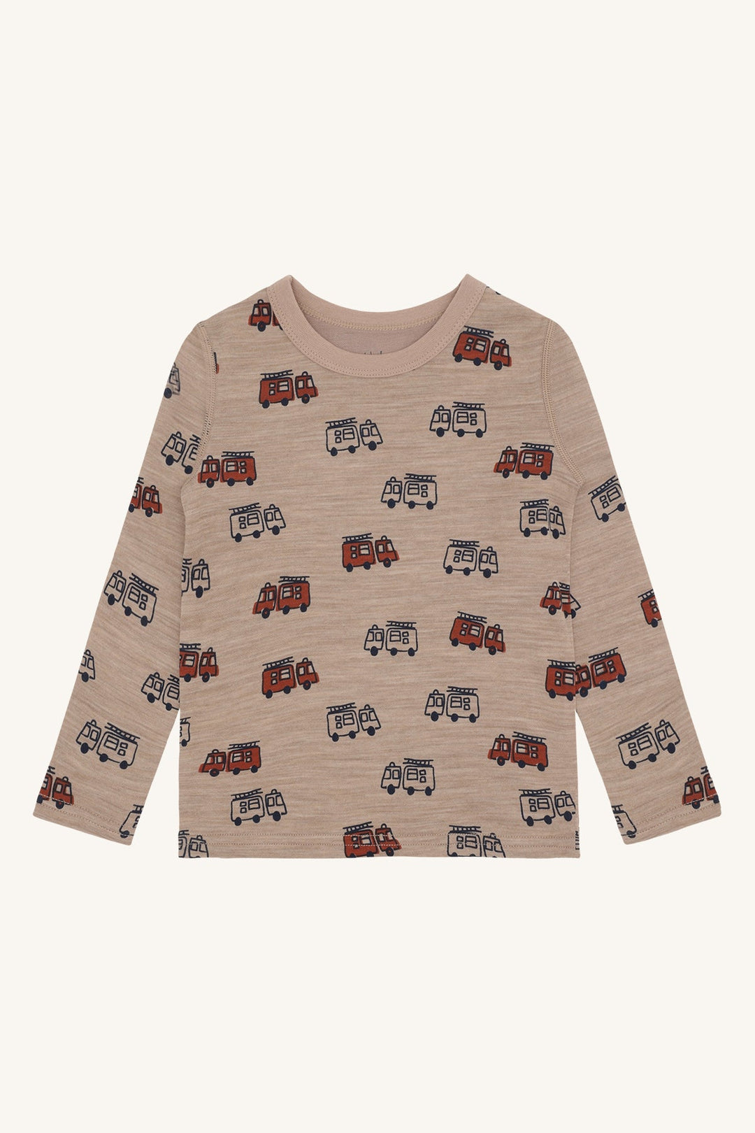 Hust and Claire Abba – Trøye i ull og bambus med brannbilmotiv – Biscuit for barn - Brobrobrille