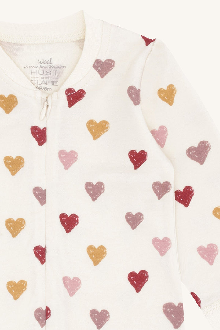 Hust and Claire Manu ullpyjamas med hjerter – Off White for barn - Brobrobrille