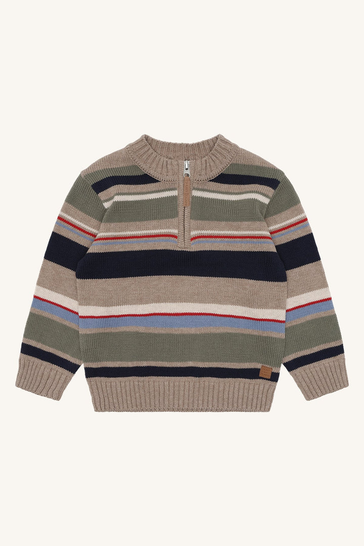 Hust and Claire Pelle KnitStripe strikkegenser med glidelås – Biscuit for barn - Brobrobrille