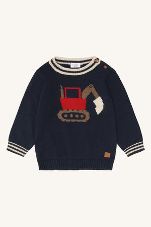 Hust and Claire Pilou genser med gravemaskin – More Navy for barn - Brobrobrille