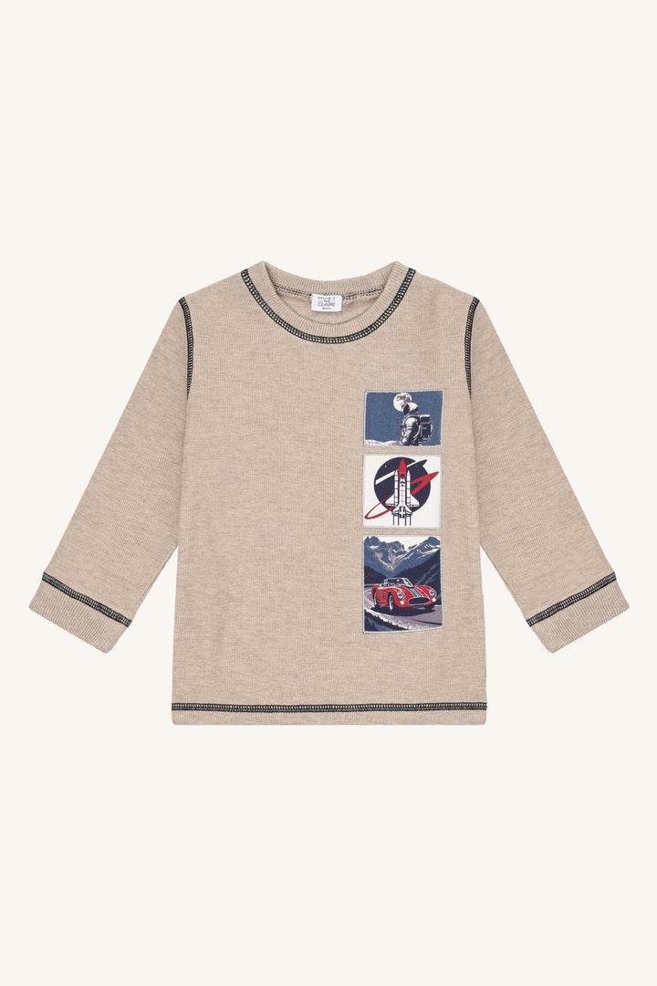 Hust and Claire Sune Space langermet t - skjorte med romfartsmotiv – Biscuit for barn - Brobrobrille