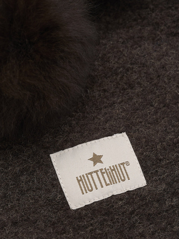 HUTTEliHUT Balaclava Wool Alpaca Pompoms – Dark Brown Melange for barn - Brobrobrille