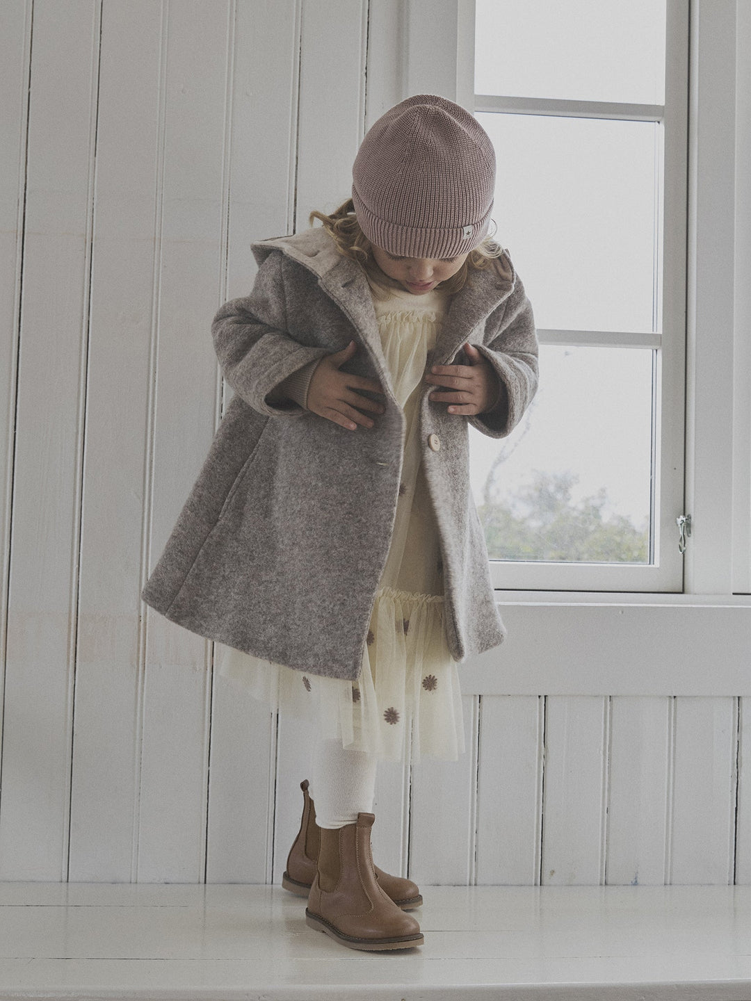 HUTTEliHUT Ullkåpe med Hette og Fôr – Camel Melange for barn - Brobrobrille