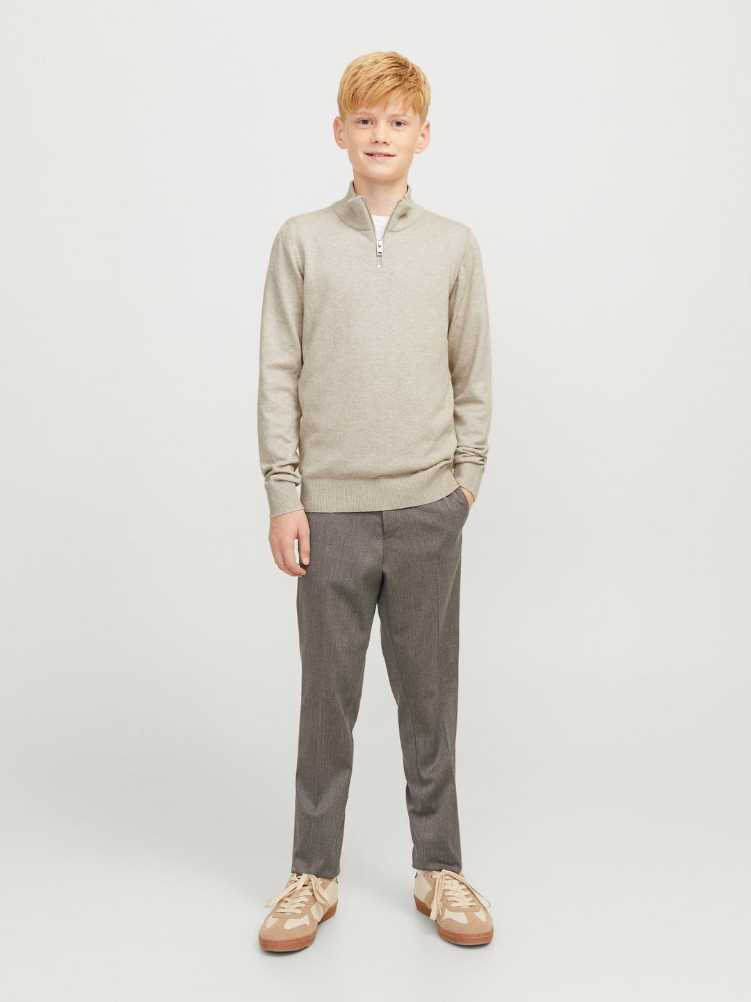 Jack&Jones Junior Emil strikkegenser med half zip – Oatmeal Melange for barn - Brobrobrille