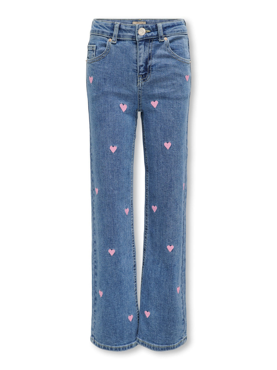 Kids Only Juicy Wide Jeans med Hjertebroderi - Light Medium Blue Denim for barn - Brobrobrille
