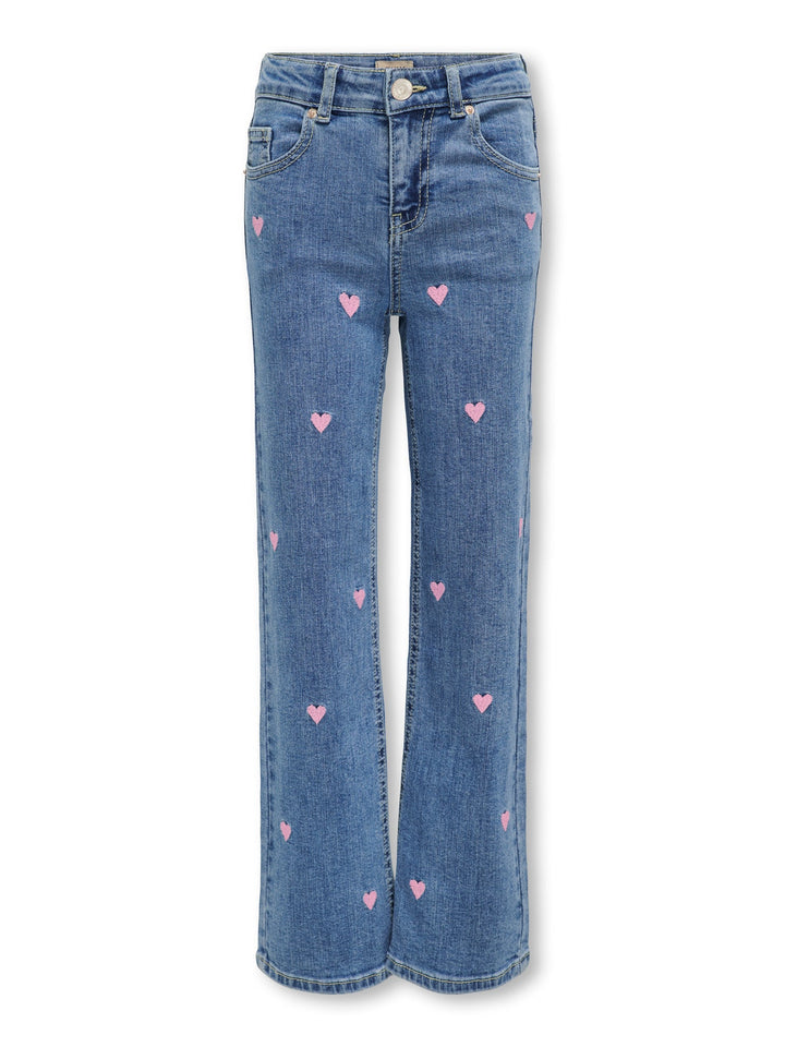 Kids Only Juicy Wide Jeans med Hjertebroderi - Light Medium Blue Denim for barn - Brobrobrille