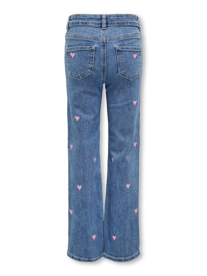 Kids Only Juicy Wide Jeans med Hjertebroderi - Light Medium Blue Denim for barn - Brobrobrille