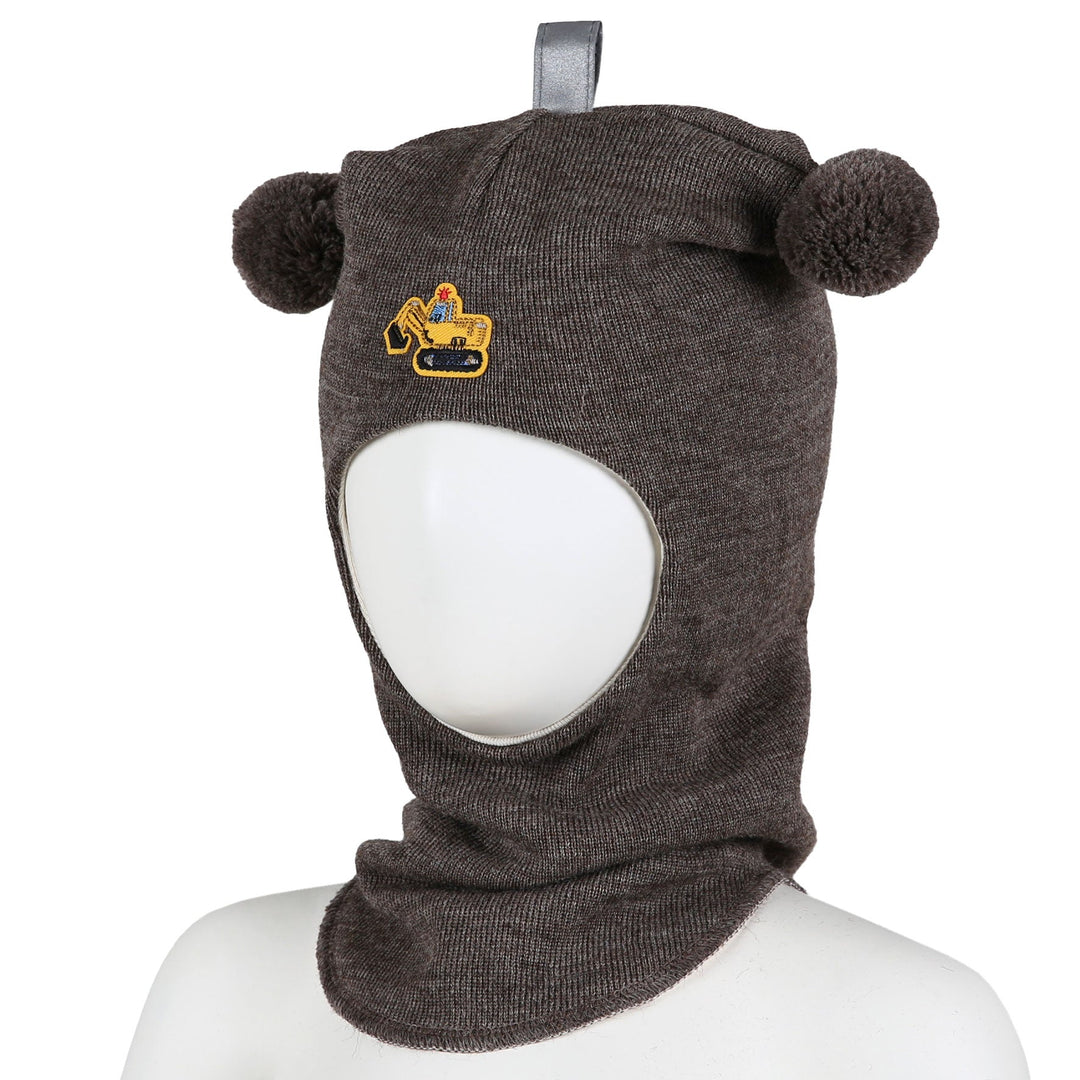 Kivat Balaclava i Ull med Dusker og Gravemaskin - Brun Melert for barn - Brobrobrille