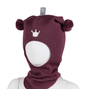 Kivat Balaclava i Ull med Dusker og Krone - Mørk Rosa Melert for barn - Brobrobrille