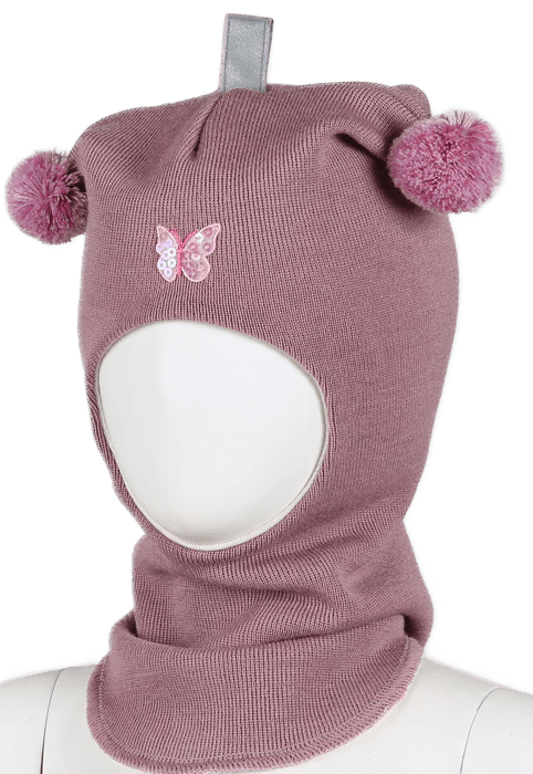 Kivat Balaclava i Ull med Dusker og Sommerfugl - Dusty Rose for barn - Brobrobrille