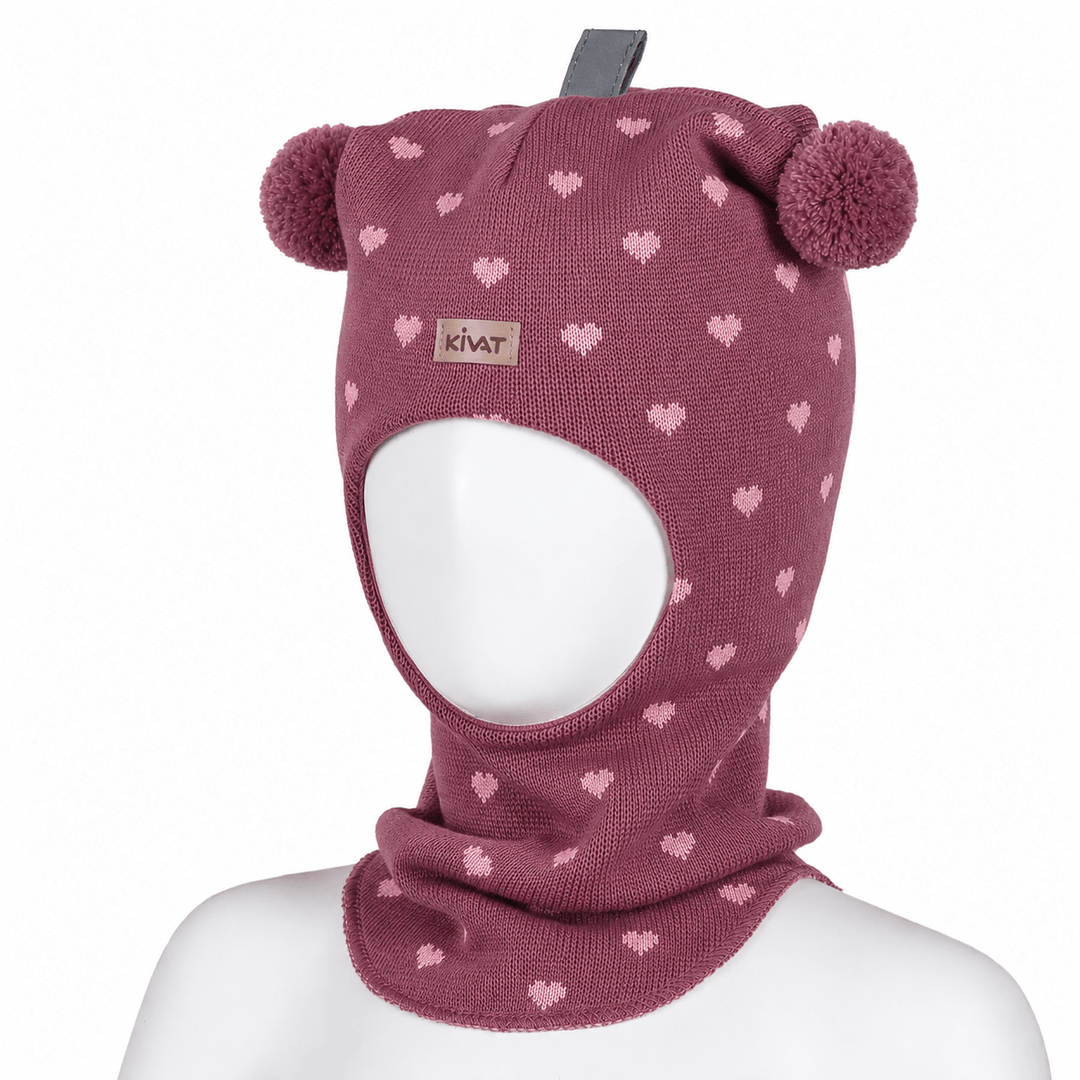 Kivat Balaklava i Merinoull med Hjerter og Dusker - Dark Heather Pink for barn - Brobrobrille