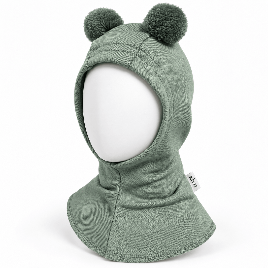 Kivat Balaklava i Merinoull og Silke med Dusker - Dusty Mint for barn - Brobrobrille