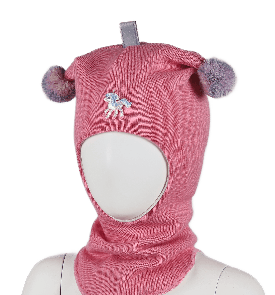 Kivat Balaklava i Ull med Enhjørning og Flerfargede Dusker - Candy Pink for barn - Brobrobrille