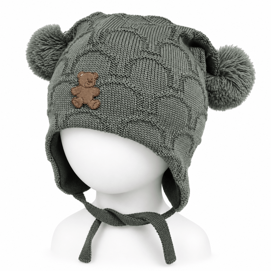 Kivat Knytelue i Ull med Bamse og Store Dusker - Slate Grey for barn - Brobrobrille