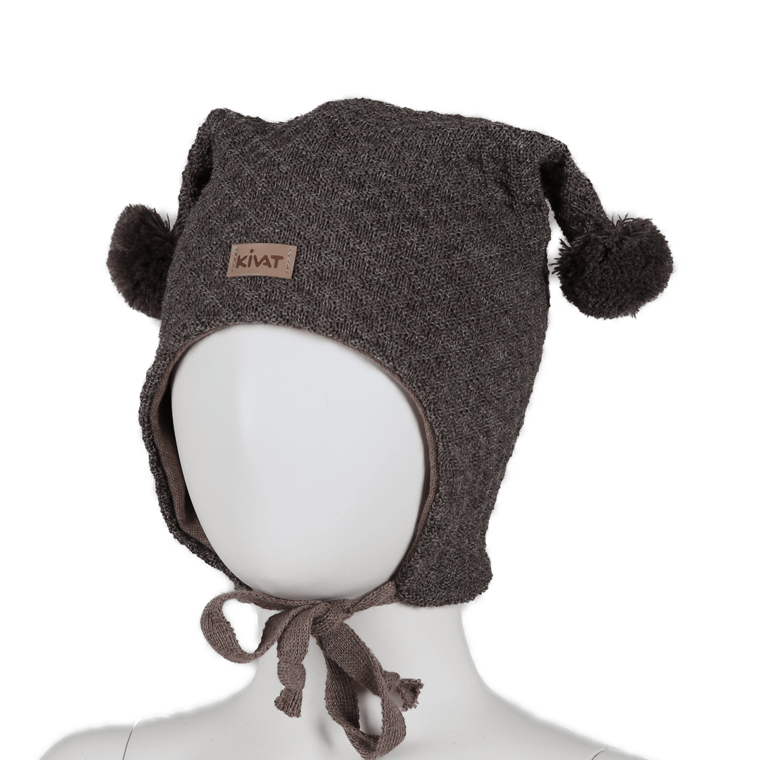 Kivat Vaffelstrikket Knitelue i Ull med Dusker - Brun Melert for barn - Brobrobrille