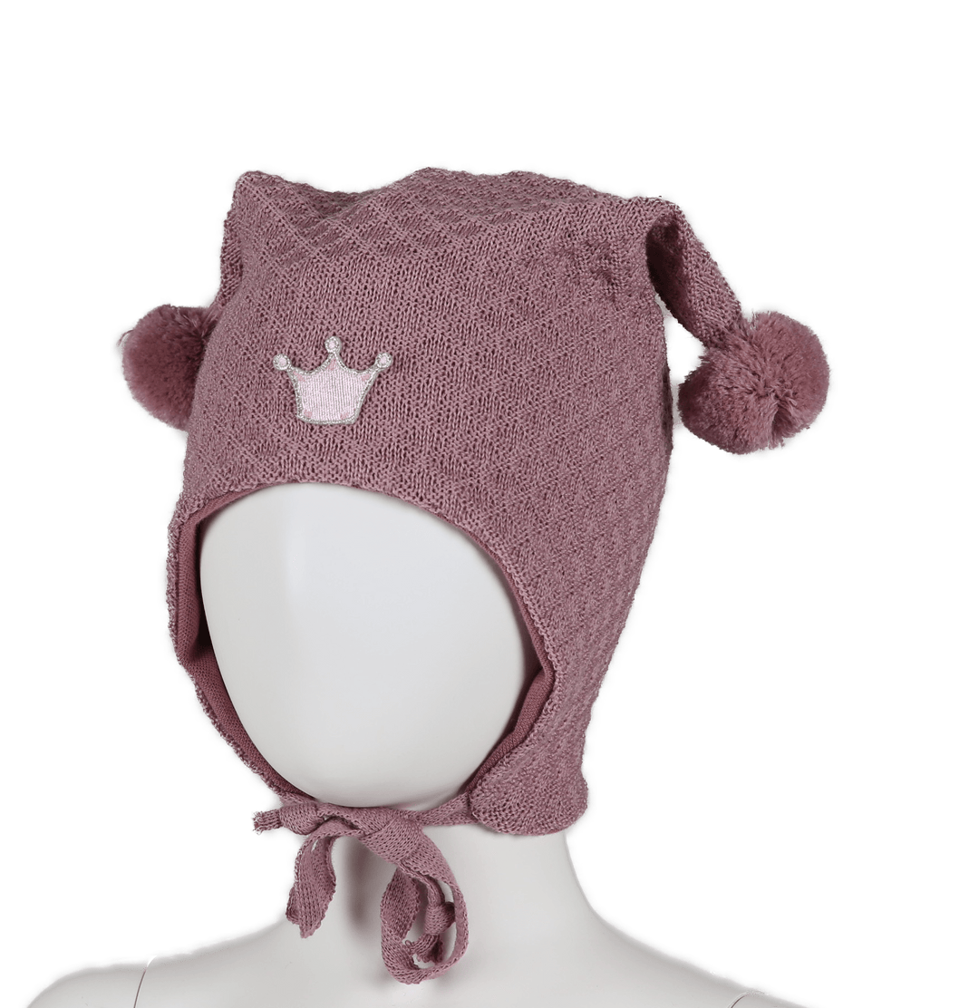 Kivat Vaffelstrikket Knitelue i Ull med Dusker og Krone – Dusty Rose for barn - Brobrobrille