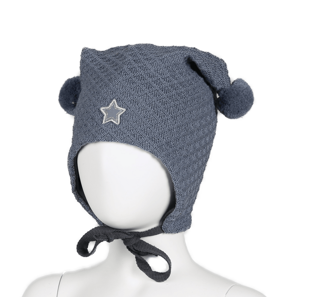 Kivat Vaffelstrikket Knitelue i Ull med Dusker og Stjerne - Slate Grey for barn - Brobrobrille