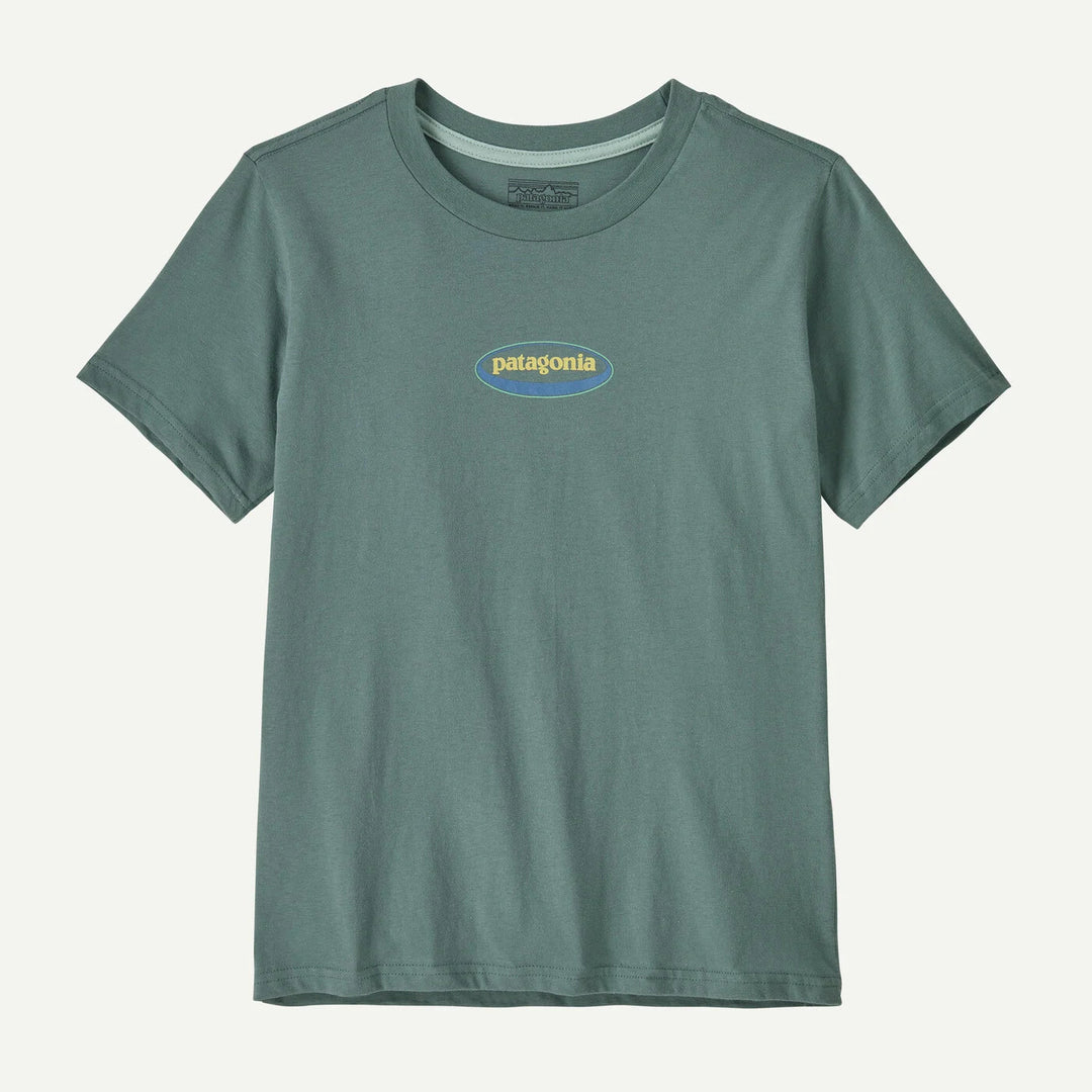Patagonia Kids Graphic T - skjorte - 95 Oval Logo Tropiclimb: Blue Sage for barn - Brobrobrille