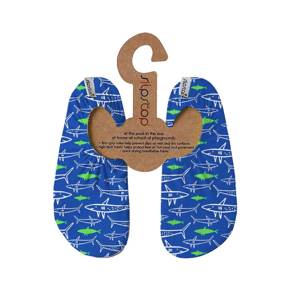 Slipstop Jaws Junior Badesko – Blå med haier for barn - Brobrobrille