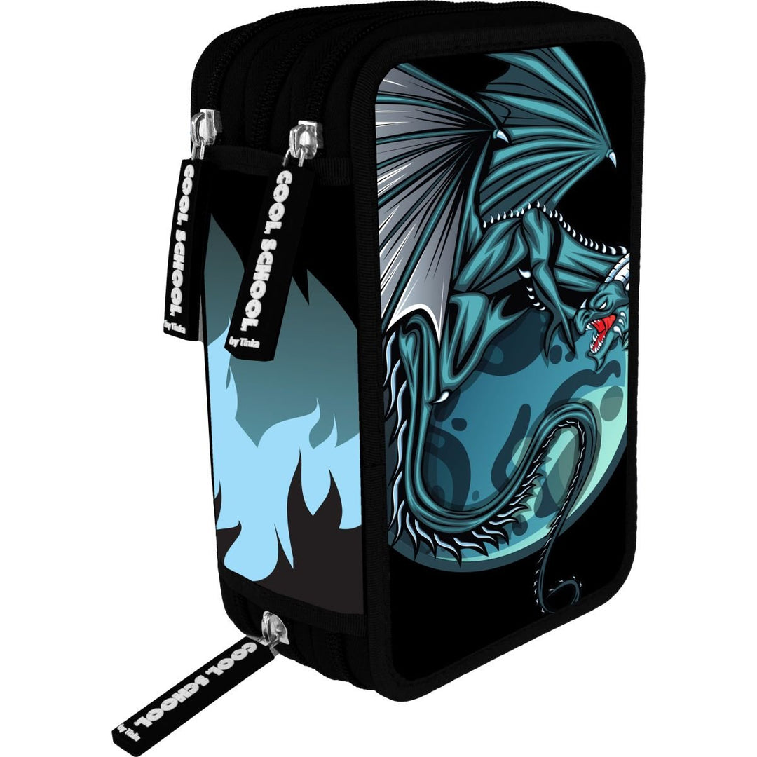 Tinka Cool School Drage Trippelt Pennal med Innhold - Sort/Blå for barn - Brobrobrille