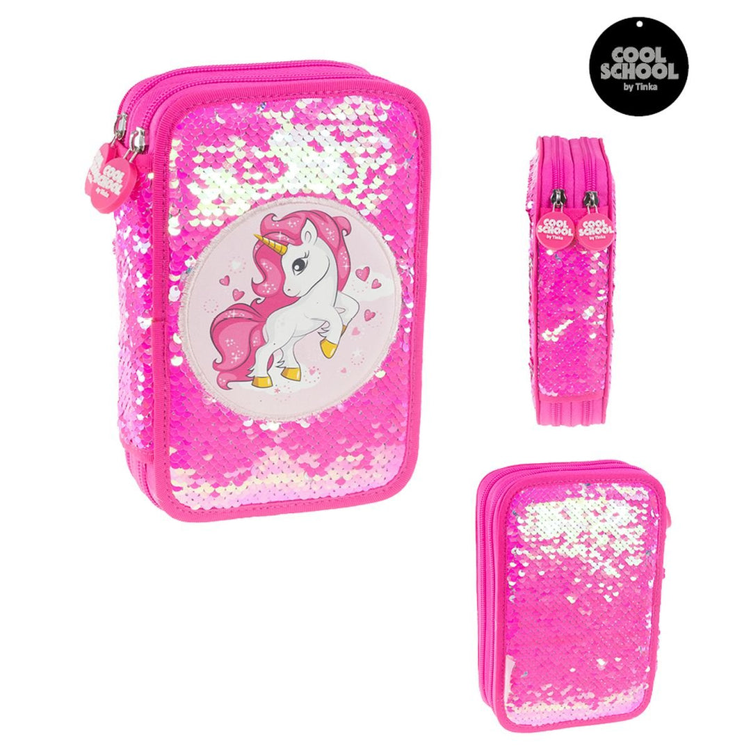 Tinka Unicorn Dobbelt Pennal med Paljetter og Innhold - Rosa for barn - Brobrobrille